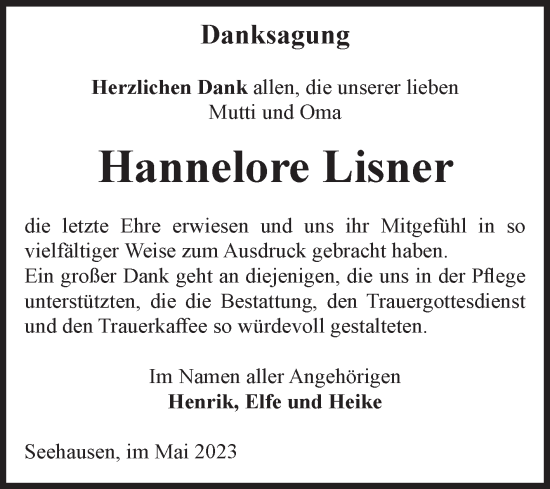 Traueranzeige von Hannelore Lisner von Volksstimme Altmark Ost
