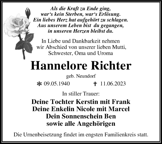 Traueranzeige von Hannelore Richter von Trauerkombi Dessau