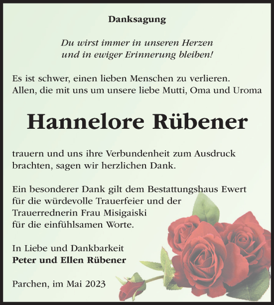 Traueranzeige von Hannelore Rübener von Volksstimme Burg/Genthin