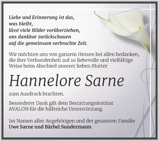 Traueranzeige von Hannelore Sarne von Trauerkombi Merseburg