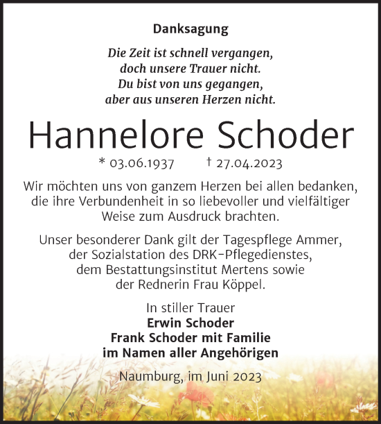 Traueranzeige von Hannelore Schoder von Wochenspiegel Naumburg/Nebra