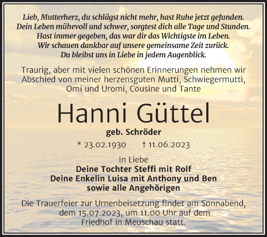 Traueranzeige von Hanni Güttel von Trauerkombi Merseburg