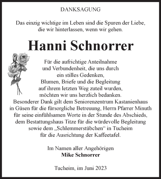 Traueranzeige von Hanni Schnorrer von Volksstimme Burg/Genthin