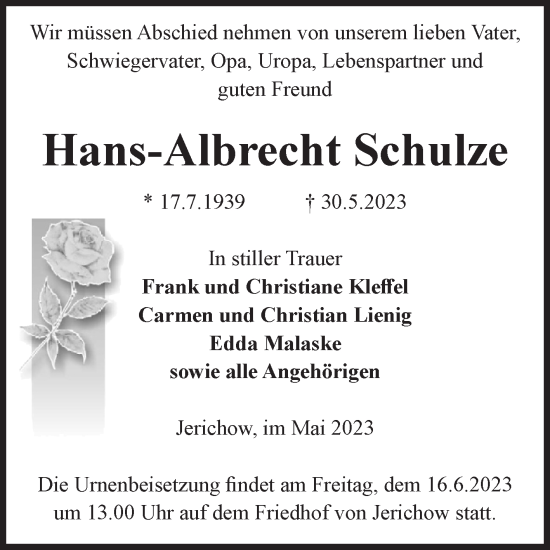 Traueranzeige von Hans-Albrecht Schulze von Volksstimme Burg/Genthin