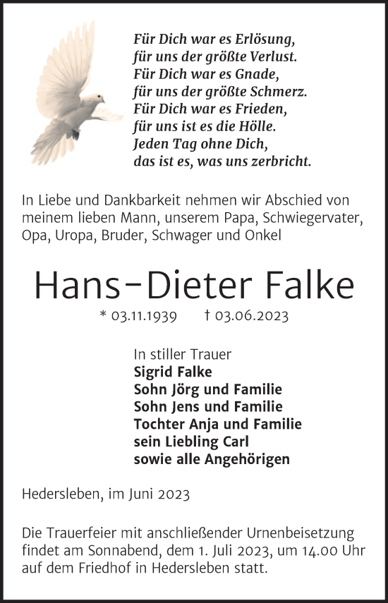 Traueranzeige von Hans-Dieter Falke von Trauerkombi Quedlinburg