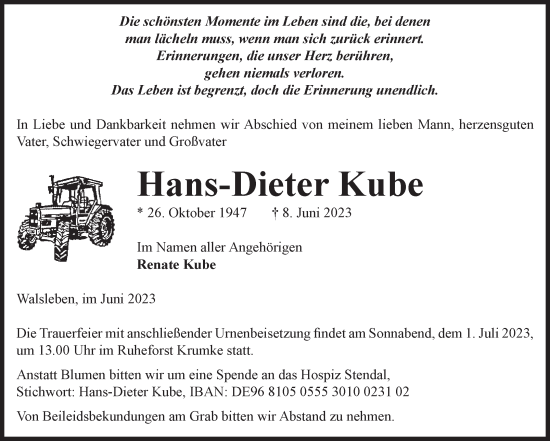 Traueranzeige von Hans-Dieter Kube von Volksstimme Altmark Ost