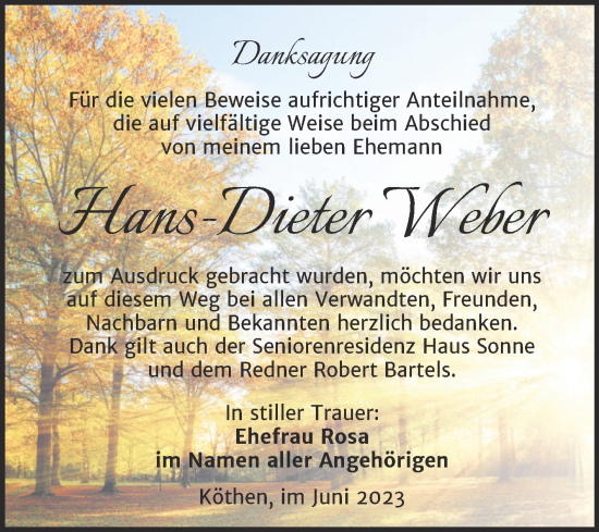 Traueranzeige von Hans-Dieter Weber von Trauerkombi Köthen