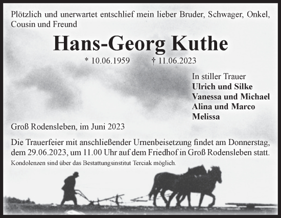 Traueranzeige von Hans-Georg Kuthe von Volksstimme Oschersleben/Wanzleben