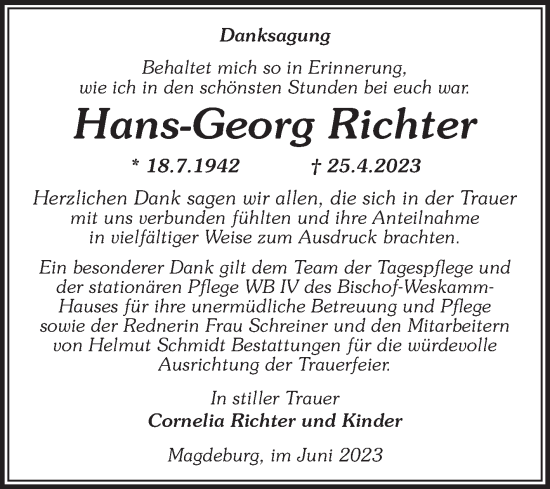 Traueranzeige von Hans-Georg Richter von Volksstimme Magdeburg