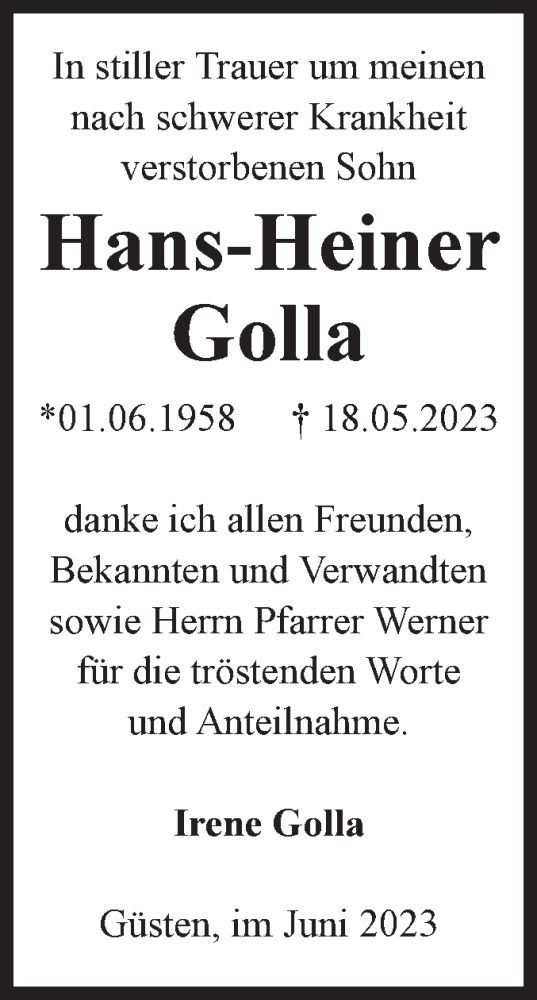 Traueranzeige von Hans-Heiner Golla von Mitteldeutsche Zeitung