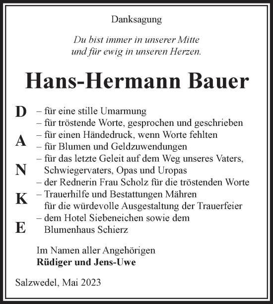 Traueranzeige von Hans-Hermann Bauer von Volksstimme Altmark West