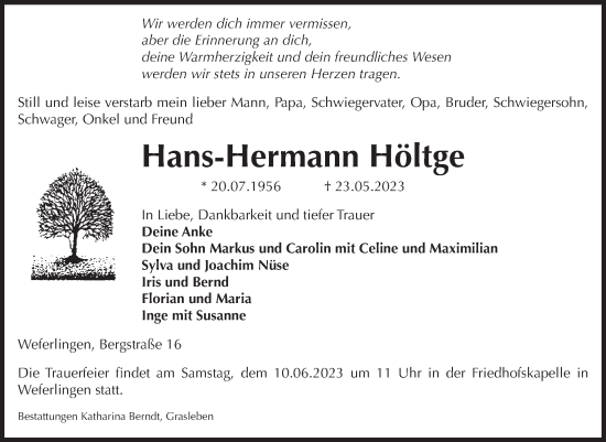 Traueranzeige von Hans-Hermann Höltge von Volksstimme Haldensleben/Wolmirstedt