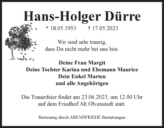 Traueranzeige von Hans-Holger Dürre von Volksstimme Magdeburg