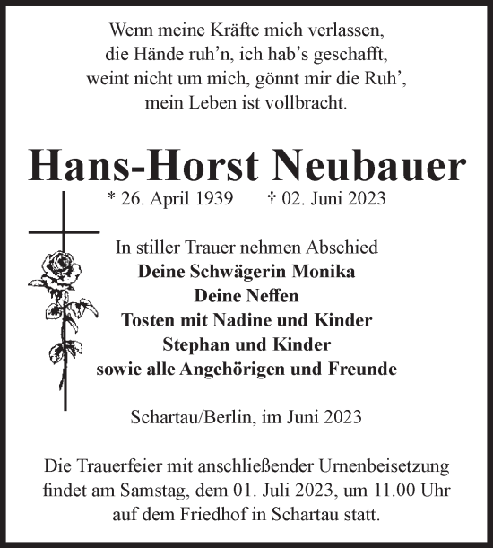 Traueranzeige von Hans-Horst Neubauer von Volksstimme Burg/Genthin
