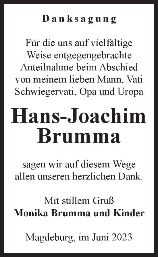 Traueranzeige von Hans-Joachim Brumma von Volksstimme Magdeburg