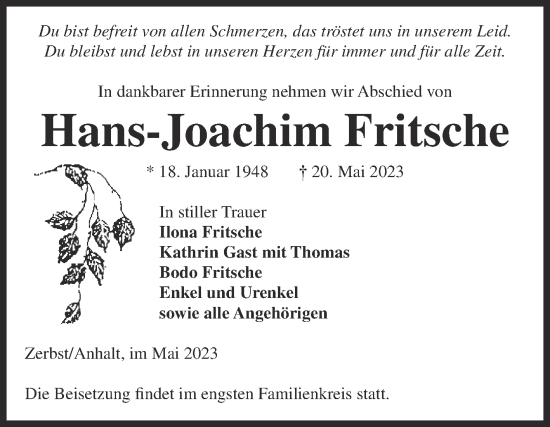 Traueranzeige von Hans-Joachim Fritsche von Mitteldeutsche Zeitung Dessau-Roßlau