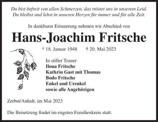 Traueranzeige von Hans-Joachim Fritsche von Volksstimme Zerbst