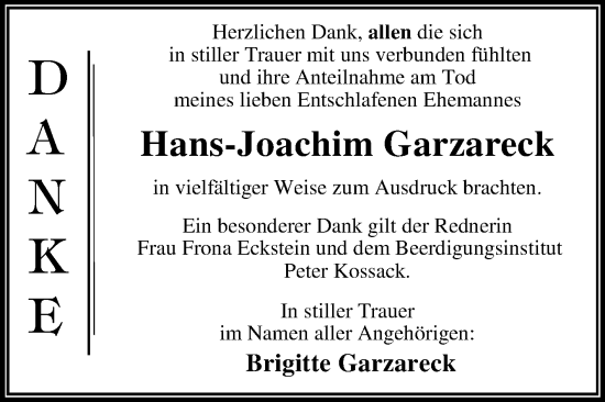 Traueranzeige von Hans-Joachim Garzareck von Trauerkombi Wittenberg