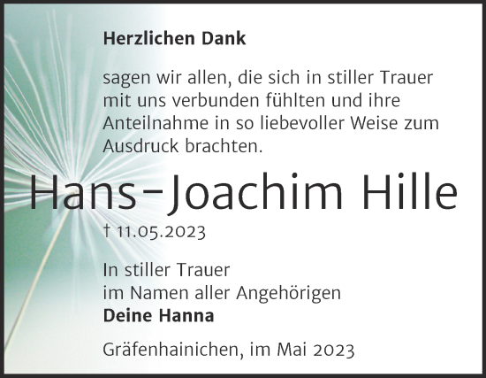 Traueranzeige von Hans-Joachim Hille von Trauerkombi Wittenberg