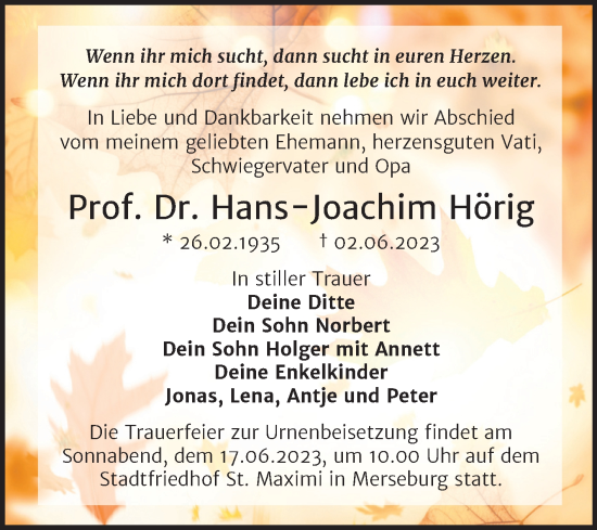 Traueranzeige von Hans-Joachim Hörig von Trauerkombi Merseburg