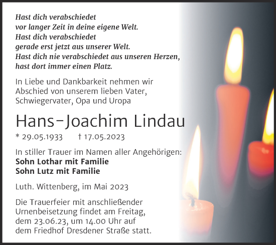 Traueranzeige von Hans-Joachim Lindau von Trauerkombi Wittenberg