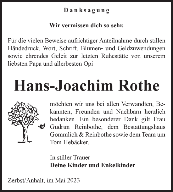 Traueranzeige von Hans-Joachim Rothe von Volksstimme Zerbst