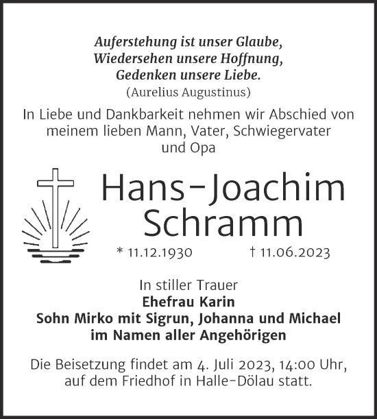 Traueranzeige von Hans-Joachim Schramm von Mitteldeutsche Zeitung Halle/Saalkreis