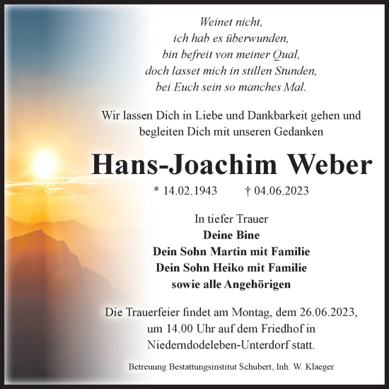 Traueranzeige von Hans-Joachim Weber von Volksstimme Haldensleben/Wolmirstedt