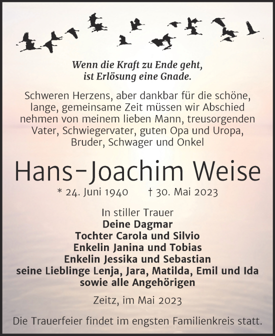Traueranzeige von Hans-Joachim Weise von Trauerkombi Zeitz