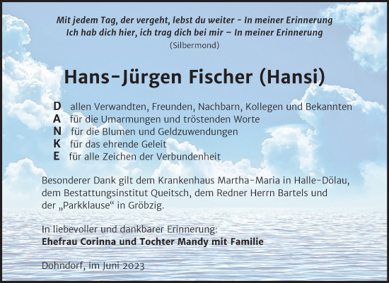 Traueranzeige von Hans-Jürgen Fischer von Trauerkombi Köthen