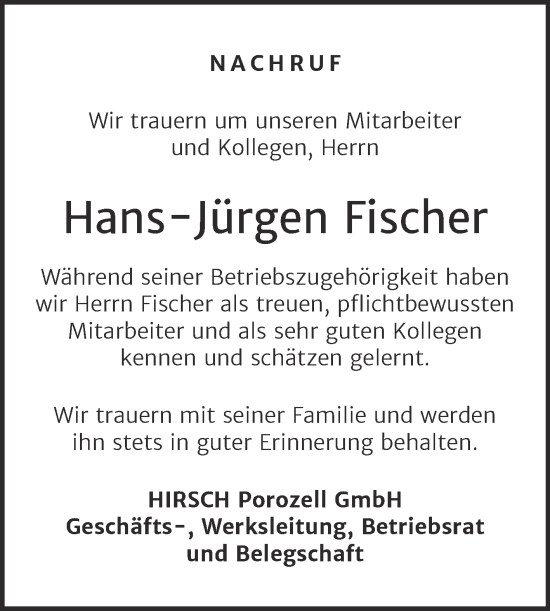 Traueranzeige von Hans-Jürgen Fischer von Wochenspiegel Köthen