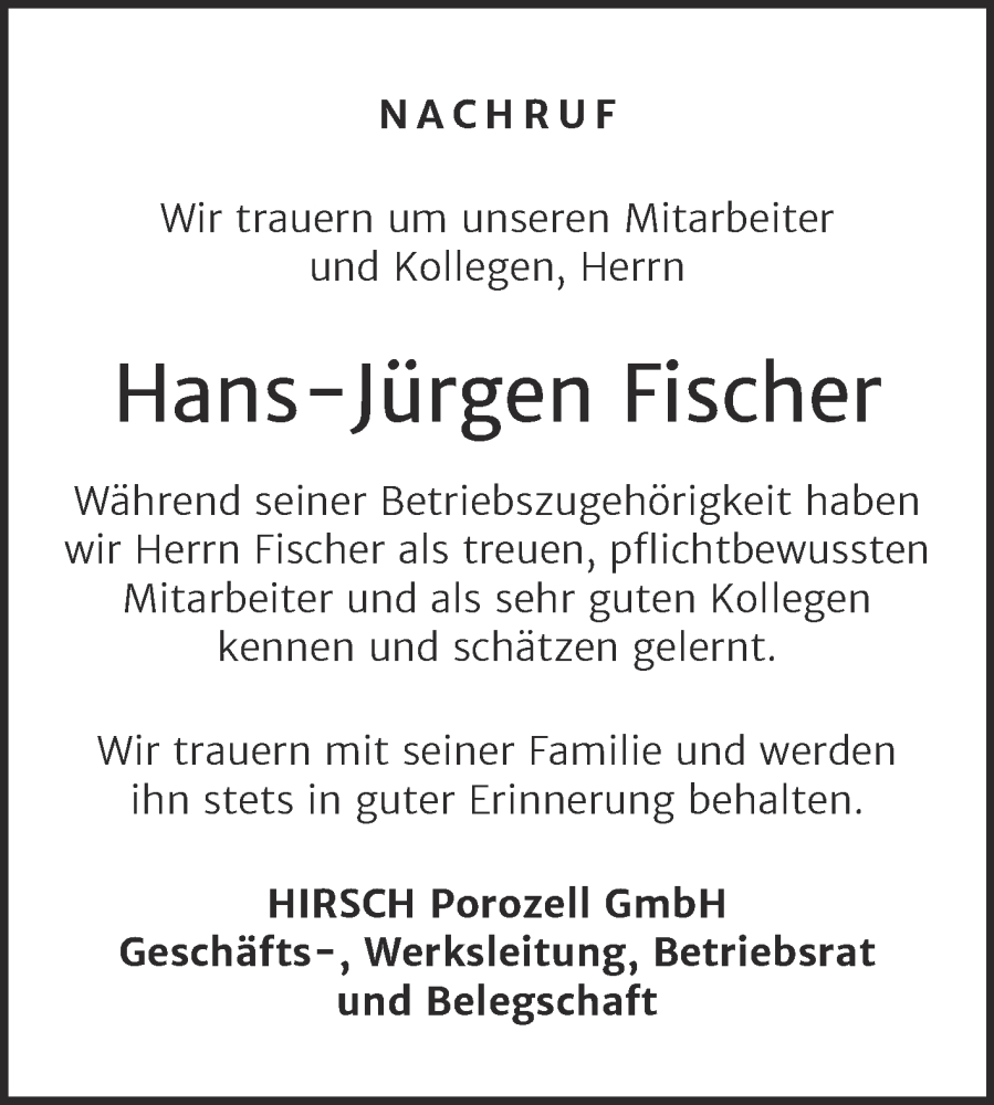  Traueranzeige für Hans-Jürgen Fischer vom 07.06.2023 aus Wochenspiegel Köthen