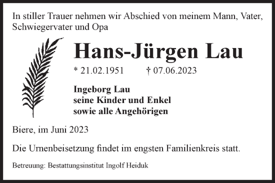 Traueranzeige von Hans-Jürgen Lau von Volksstimme Schönebeck