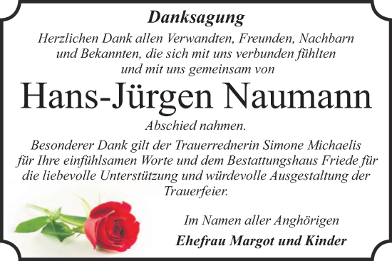 Traueranzeige von Hans-Jürgen Naumann von Trauerkombi Dessau