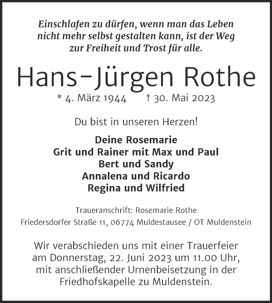  Traueranzeige für Hans-Jürgen Rothe vom 07.06.2023 aus Trauerkombi Bitterfeld