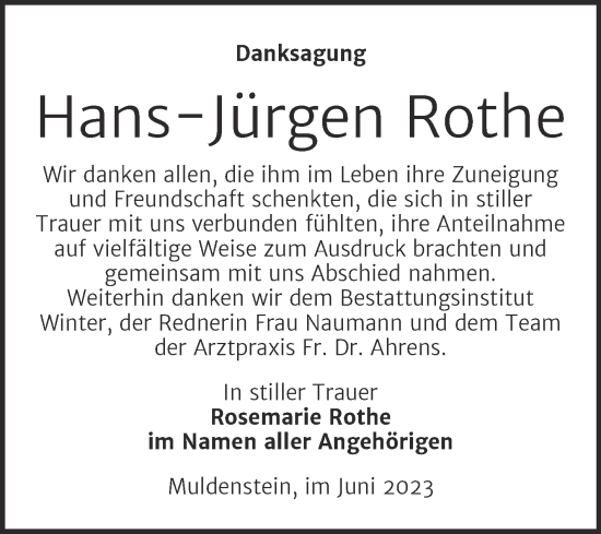 Traueranzeige von Hans-Jürgen Rothe von Trauerkombi Bitterfeld