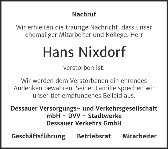 Traueranzeige von Hans Nixdorf von Super Sonntag Dessau-Roßlau