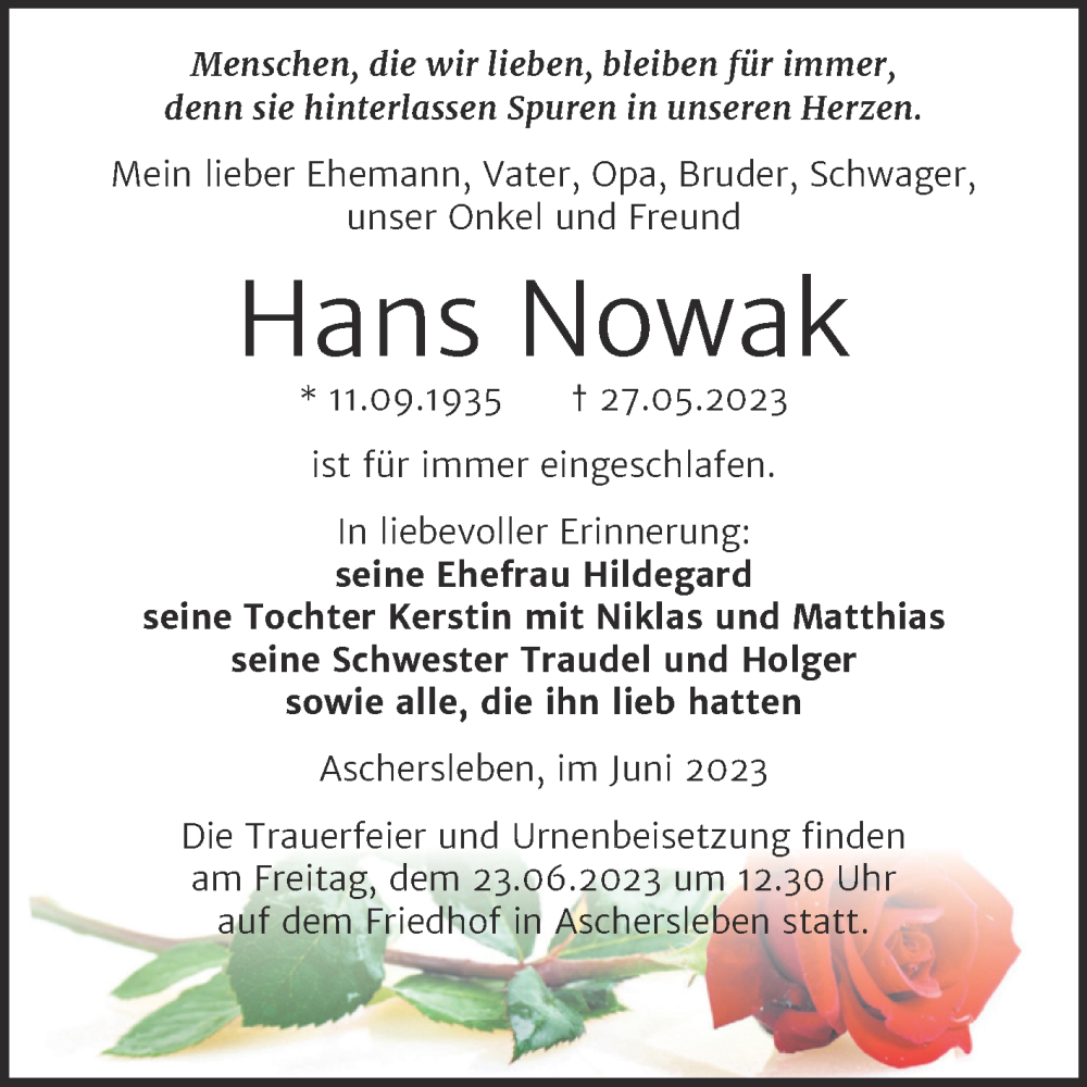  Traueranzeige für Hans Nowak vom 07.06.2023 aus Trauerkombi Aschersleben