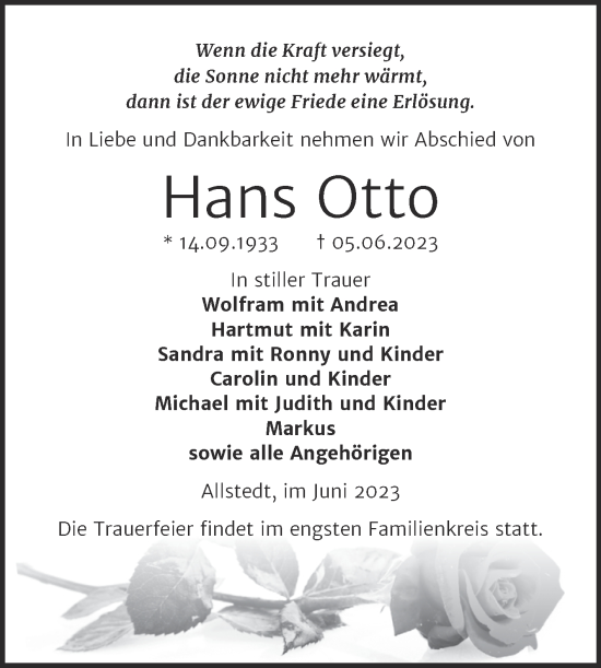 Traueranzeige von Hans Otto von Trauerkombi Sangerhausen