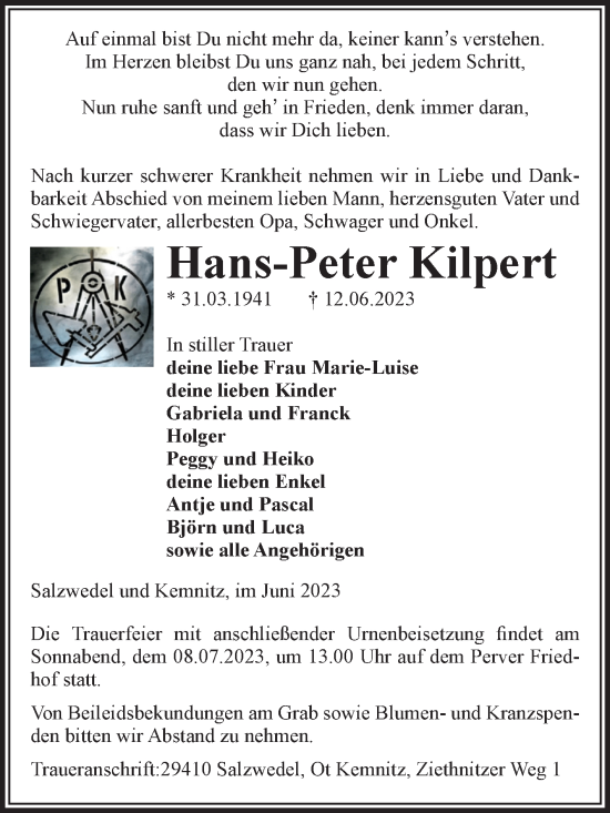 Traueranzeige von Hans-Peter Kilpert von Volksstimme Altmark West