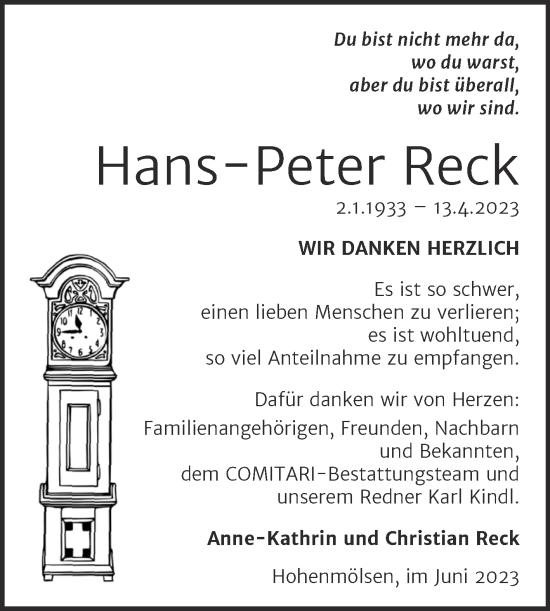 Traueranzeige von Hans-Peter Reck von Trauerkombi Weißenfels