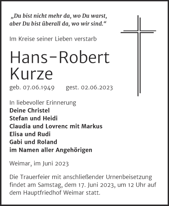 Traueranzeige von Hans-Robert Kurze von Mitteldeutsche Zeitung Quedlingburg