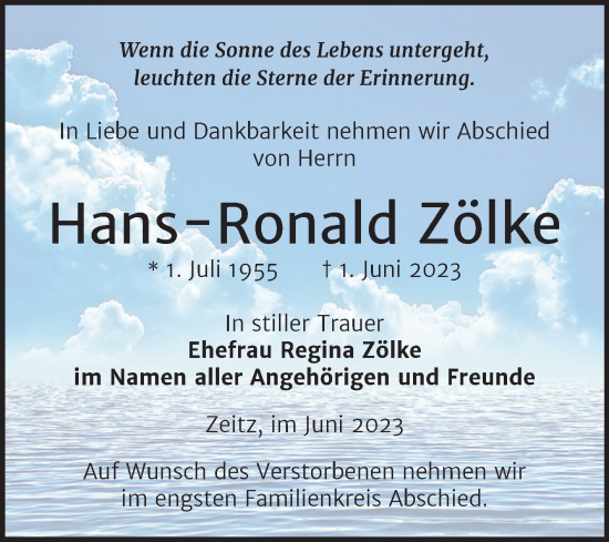 Traueranzeige von Hans-Ronald Zölke von Trauerkombi Zeitz