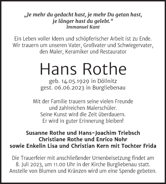 Traueranzeige von Hans Rothe von Mitteldeutsche Zeitung Halle/Saalkreis