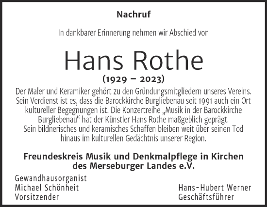 Traueranzeige von Hans Rothe von Mitteldeutsche Zeitung Merseburg/Querfurt