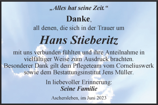 Traueranzeige von Hans Stieberitz von Trauerkombi Aschersleben