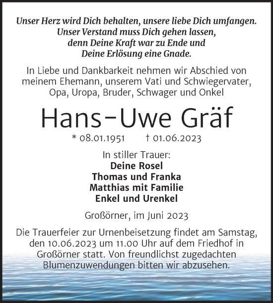 Traueranzeige von Hans-Uwe Gräf von Trauerkombi Mansfelder Land