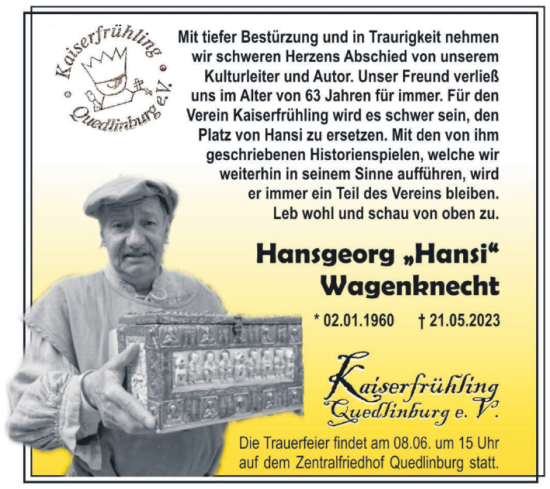 Traueranzeige von Hansgeorg Wagenknecht von Trauerkombi Quedlinburg