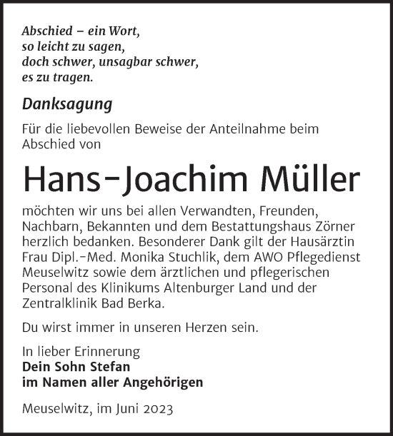 Traueranzeige von Hans Joachim Müller von Trauerkombi Zeitz