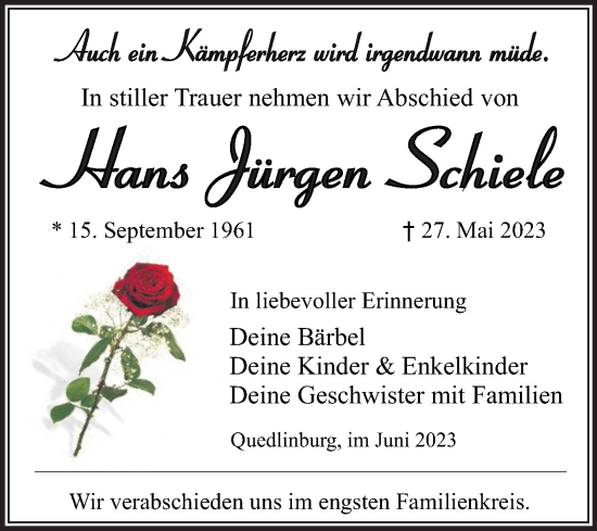 Traueranzeige von Hans Jürgen Schiele von Trauerkombi Quedlinburg